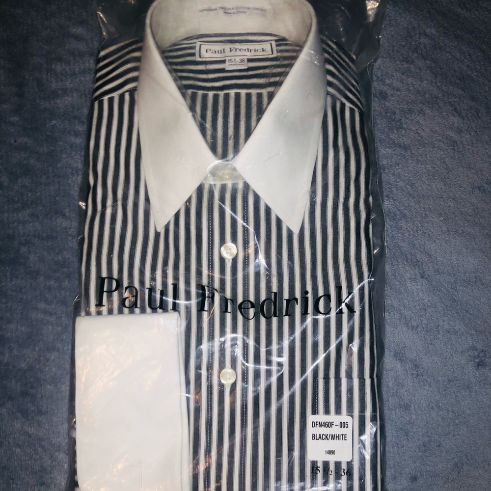 PAUL FREDERICK SLIM FIT 100% COTTON BLACK & WHITE STRIPED DRESS SHIRT-15-1/2 36